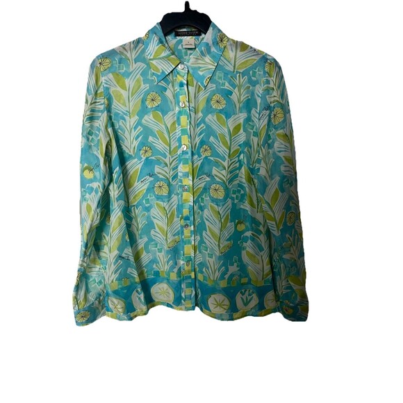 Sigrid Olsen 100% Silk Blouse Size Small Blue Green Retro 70’s Print Preppy - Picture 1 of 7